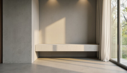 Modern interior design architecture photography: Sunlight streams into a modern interior showcasing a built-in concrete bench beneath a window draped with sheer curtains, creating a serene and minim