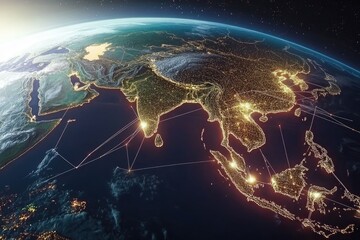 Fototapeta premium Global connectivity over Asia. Detailed network of interconnected cities, highlighting the region's dense population and economic activity. Night view, showing illuminated urban areas