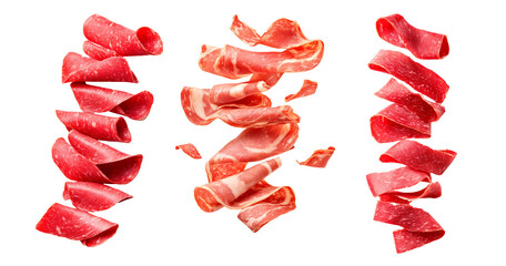 Lomo Embuchado Spanish cured ham slices isolated on white transparent background, showcasing texture and marbling, concept of cured meat