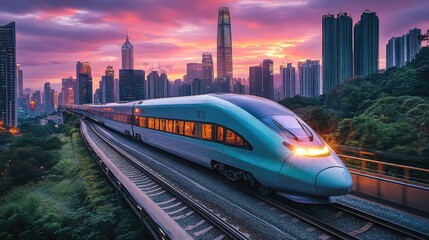Obraz premium A sleek high-speed train gliding through a modern urban landscape, with towering skyscrapers in the background