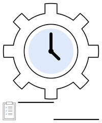 Clock inside gear symbolizing efficiency, productivity, time management, and organization. Includes checklist for planning. Ideal for teamwork, deadlines, process improvement, development