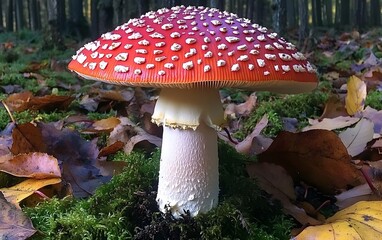 Fototapeta premium Stunning Red Mushroom in Autumn Forest, Detailed Macro Shot