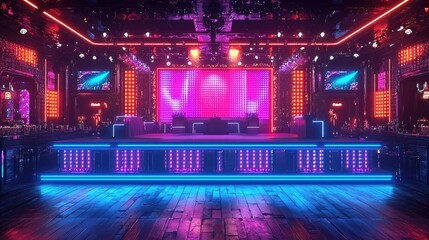 Futuristic Nightclub Stage with Vibrant Neon Lights