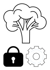 Tree symbolizing nature, paired with a lock for security and a gear for technology. Ideal for environment, sustainability, security, innovation, digital tools, management, or a simple landing page