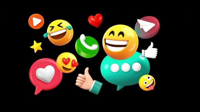 Colorful 3D social media emojis animation isolated asset, transparent 4K video, alpha channel, ProRes 4444