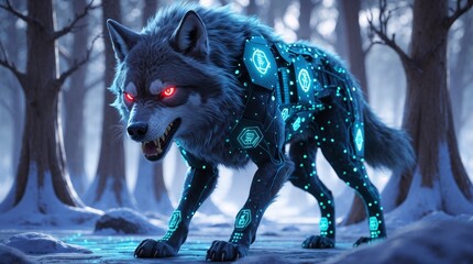 Futuristic wolf with glowing patterns in a fighting pose in a winter forest