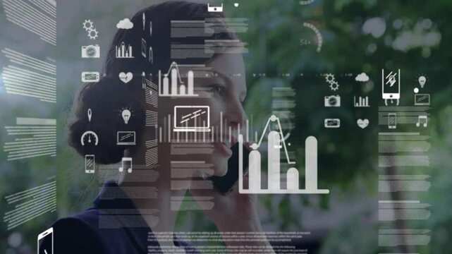 Business woman speaking on smartphone in park, showing animated finance charts and heart icons