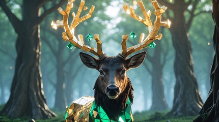 Glimmering deer with golden antlers in a mystical forest  