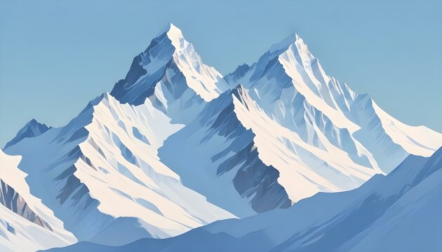 A stunning landscape showcases majestic snow-capped mountain peaks against a clear blue sky.