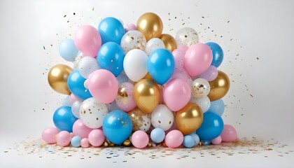 A colorful arrangement of gold, pink, and blue balloons with scattered confetti, perfect for celebrations.