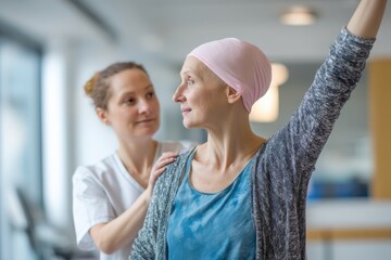 cancer patient support session featuring woman undergoing physiotherapy with caregiver in hospital. compassionate care, physical recovery, strength building, emotional support, healing journey