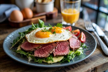 Satisfying breakfast with sunny side up eggs, roasted meat, and fresh vegetables on a rustic wooden table