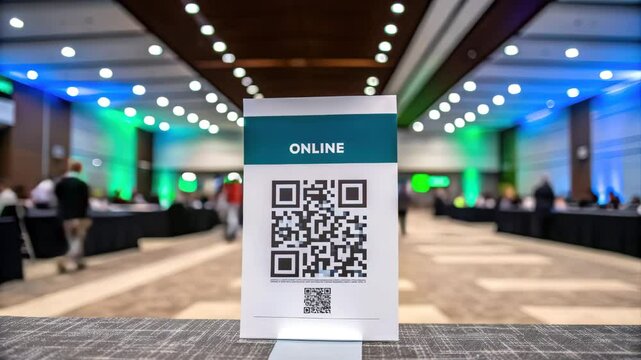 A sign displaying a QR code, labeled "ONLINE," is prominently featured in a spacious event venue with a blurred background of attendees and colorful lighting.