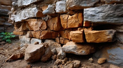 Fototapeta premium Close-up of Cracked and Broken Old Brick Wall with Soil and Small Green Plant in Background