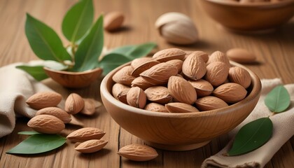 A wooden bowl overflowing with delicious almonds, complemented by green leaves on a wooden surface.