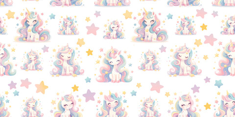 Fototapeta premium Pastel rainbow unicorn pattern for kid party decoration or nursery wallaper. Repeating motif of magic animal for birthday gift wrap.
