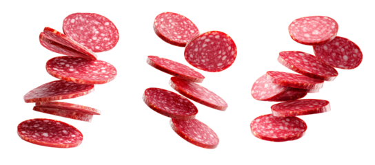Set of Slices of salami in mid-air isolated on white transparent background, concept of gourmet food and delicacy.