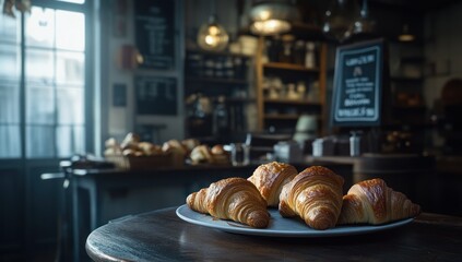 Golden Croissants on a Rustic Table in a Cozy Cafe