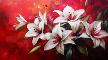 Fototapeta premium White lilies on red painted background