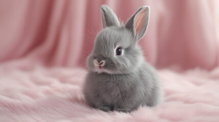 Playful baby bunny with soft gray fur, sitting on a pale pink plain backdrop