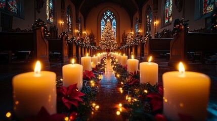 A beautiful and solemn image of a Christmas church service with candles, hymns, and a tree decorated with lights, capturing the essence of the holiday season