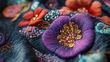 Traditional hand sewn embroidery vibrant meticulously stitched floral pattern juxtaposed against digital textile printing showcasing evolution of craftsmanship Fine silk thread interwoven shimmering