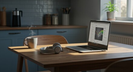 home office setup with laptop, headphones, and coffee cup on wooden table in cozy kitchen. sunlight illuminates workspace, evoking remote work productivity and comfort