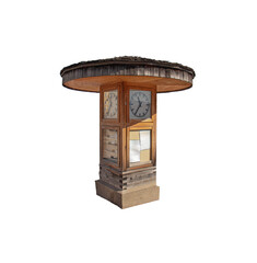 Isolated vintage wooden outdoor clock tower with double-faced analog clocks and notice boards