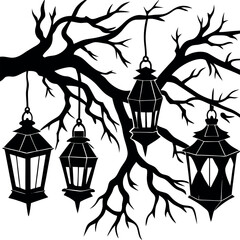 Halloween Lanterns Hanging On Tree Branches