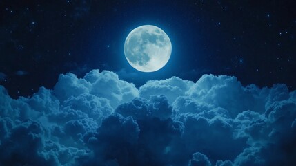 Bright Full Moon Illuminating Night Sky Over Dramatic Clouds with Stars in the Background