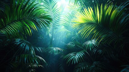 Lush Green Tropical Jungle with Sunlight Streaming Through Palm Trees