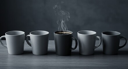 five ceramic mugs on wooden table with one steaming coffee cup creating striking contrast in middle. minimalist composition ideal for coffee culture and beverage-focused branding