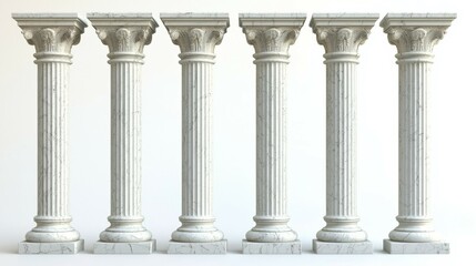 Row of Ancient Marble Pillars Isolated on White Background