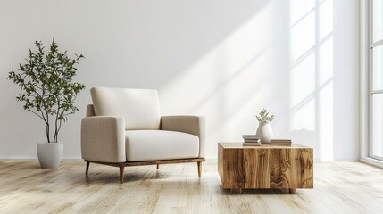 Obraz premium Scandinavian-Inspired Beige Living Room Interior with Natural Wood Furnishings and Mock-Up Plaster Wall 3D Render Illustration