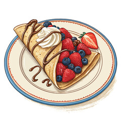 A delicious crepe filled with fresh fruit and whipped cream, served in a charming French café setting.