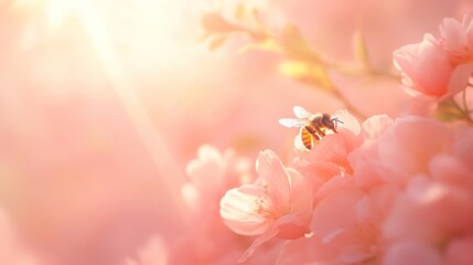 Honeybee on Pink Blossom in Sunlight