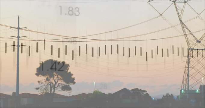 Tower standing among dusk skyline with scale overlay marking powerlines and rooftops in flat design