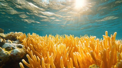 Vibrant Yellow Coral Reef Under Bright Sunlight in a Tropical Ocean