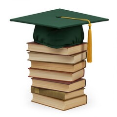 A green graduation cap with gold tassel sitting on top of a stack of seven academic books isolated
