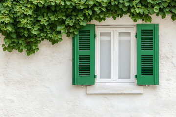 Window with green shutters and climbing vine against a white stucco wall. Quaint architectural detail.