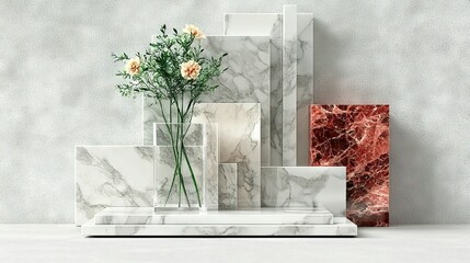   Shelf with marble, vases holding flowers