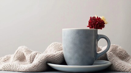   A cup with a flower sits on a saucer next to a plate with a sweater