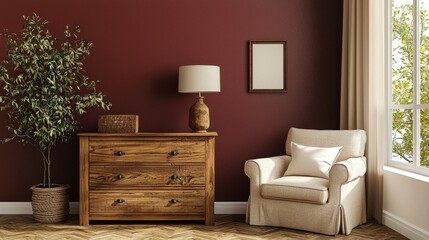 Stylish 3D Render of Modern Interior Featuring Wooden Dresser and Armchair