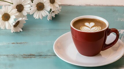   A cup of coffee sits atop a white saucer beside a vase of flowers on a blue wooden table