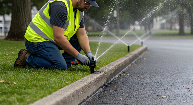 Man in Safety Vest Repairing Sprinkler System on Green Lawn with Spraying Water Outdoors