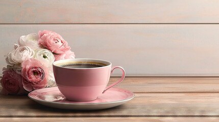   A cup of coffee sits atop a saucer beside a vase overflowing with flowers, resting atop a wooden table