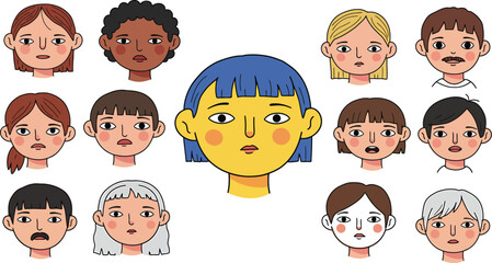 A vector set of funny cartoon faces showcases smiling characters like a boy, girl, and baby AI Generative