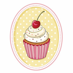 A delectable pastel-colored cupcake adorned with a bright red cherry, featuring a polka dot pattern, presented in a close-up shot.