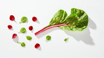 Fototapeta premium A vibrant green, leafy vegetable boasts red-tinged stems on a pristine white backdrop surrounded by an assortment of fellow leafy greens