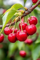 Juicy Red Cherries on Branch Closeup Photography